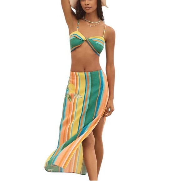 Anthropologie Linen Blend Striped Maxi Cover Up Skirt Size XS Side Slit Long NWT - Picture 2 of 7